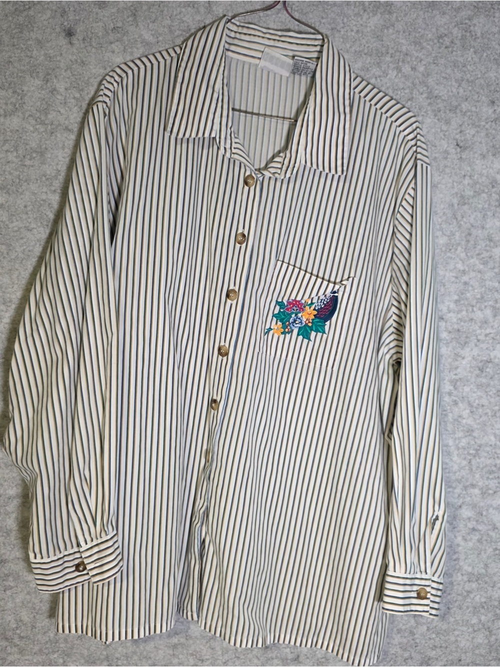 Koret Cream Striped Button-Down Shirt with Embroidered Floral Bird Pocket